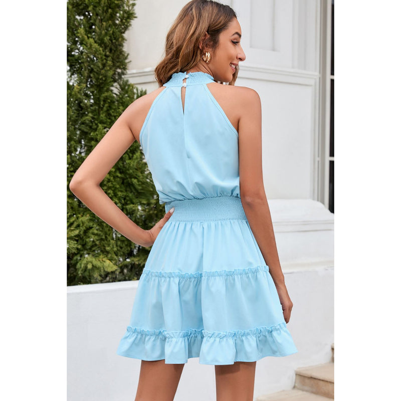 Frill Trim Smocked Waist Grecian Neck Sleeveless Dress