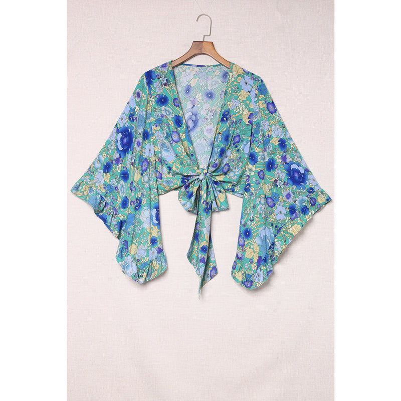 Floral Bell Sleeve Surplice Cropped Blouse