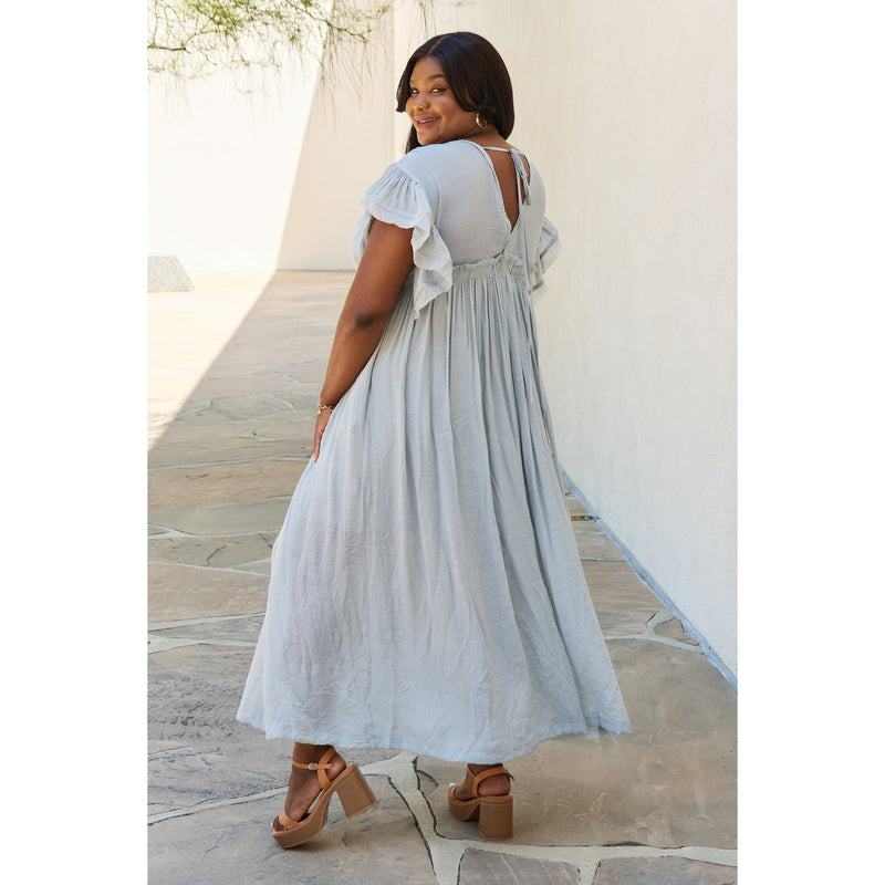 Sweet Lovely By Jen Full Size Drawstring Deep V Butterfly Sleeve Maxi Dress