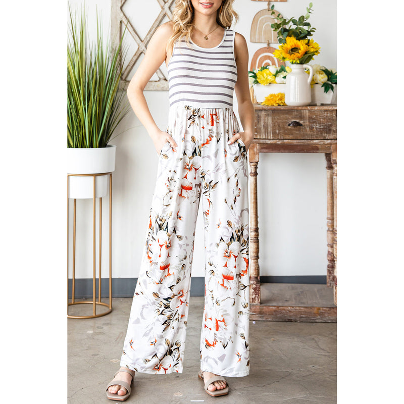Striped Floral Sleeveless Wide Leg Jumpsuit with Pockets