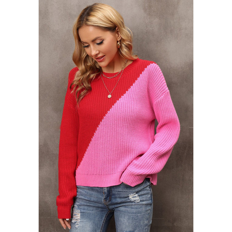 Two-Tone Round Neck Dropped Shoulder Sweater