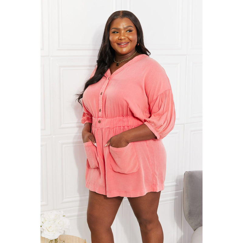 White Birch Full SIze Play It Cool Three-Quarter Sleeve Romper in Coral