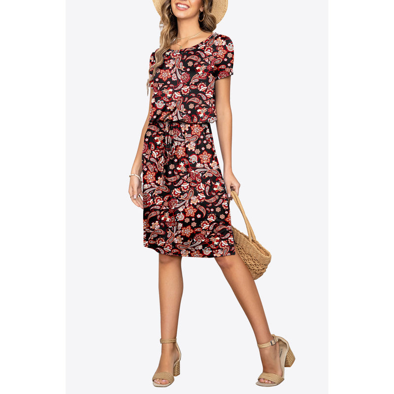 Round Neck Short Sleeve Slit Dress with Pockets