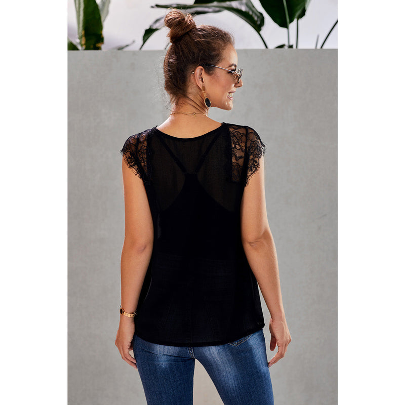 Eyelash Trim Spliced Lace V-Neck Tank