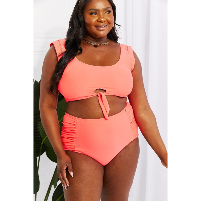 Marina West Swim Sanibel Crop Swim Top and Ruched Bottoms Set in Coral
