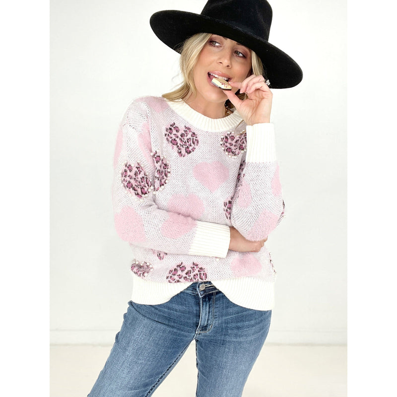 Leopard Heart Print Pullover Fluffy Sweaters With Plastic Pearl - Courageous & Confident Club