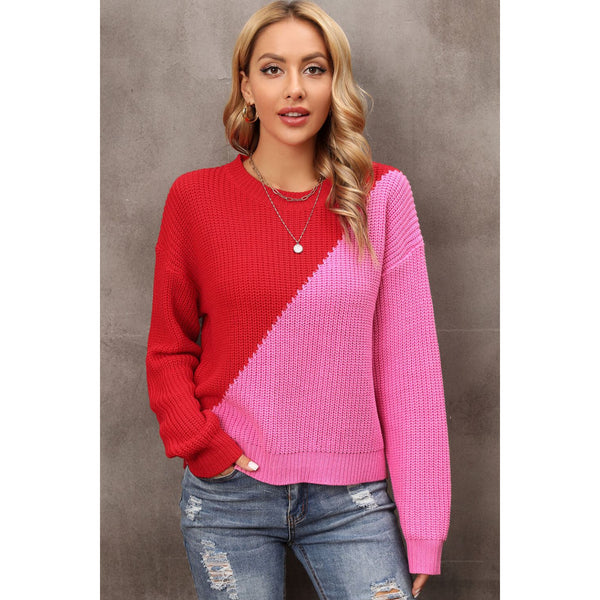 Two-Tone Round Neck Dropped Shoulder Sweater