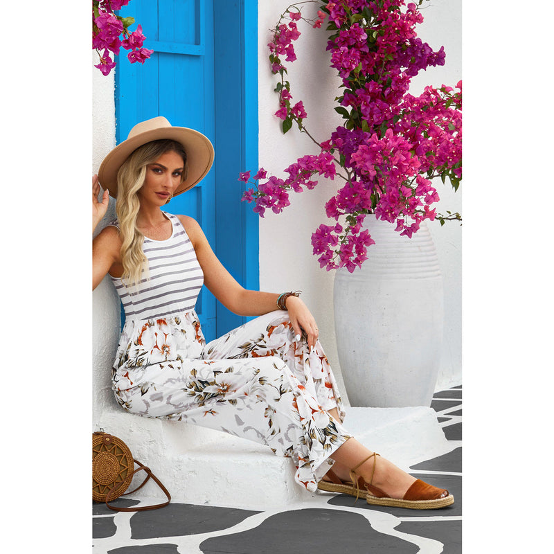 Striped Floral Sleeveless Wide Leg Jumpsuit with Pockets