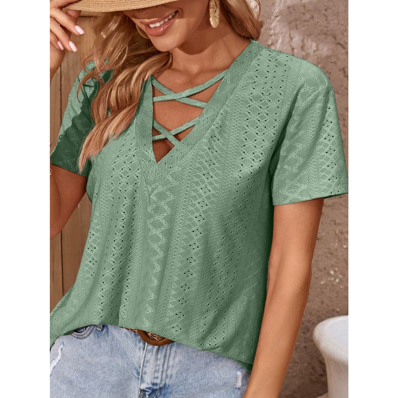 Crisscross V-Neck Eyelet Top