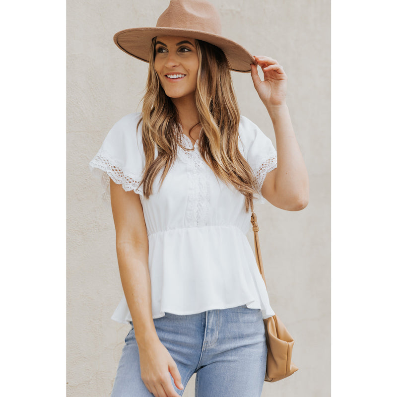 Lace Trim V-Neck Tied Peplum Blouse