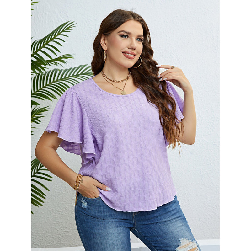 Textured Round Neck Flutter Sleeve Blouse