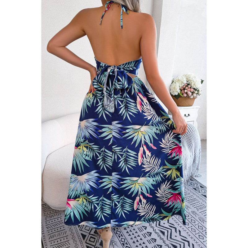 Botanical Print Tied Backless Cutout Slit Dress
