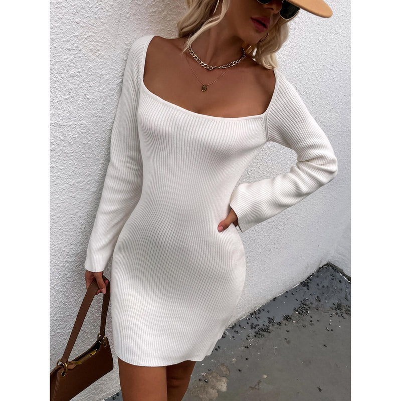 Tie Back Square Neck Long Sleeve Sweater Dress