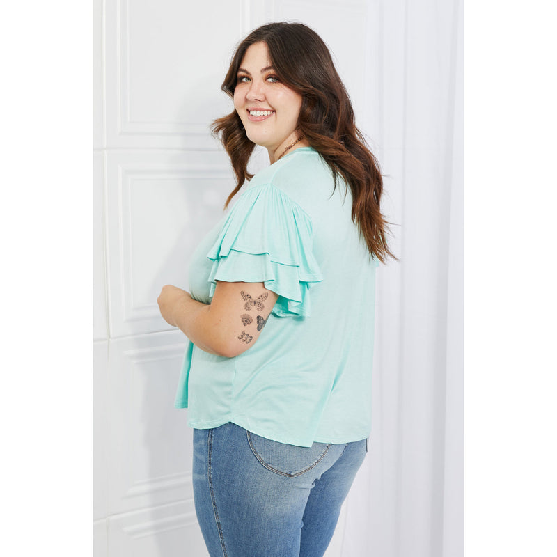 Culture Code Mi Amor Full Size Round Neck Ruffle Sleeve Top in Blue