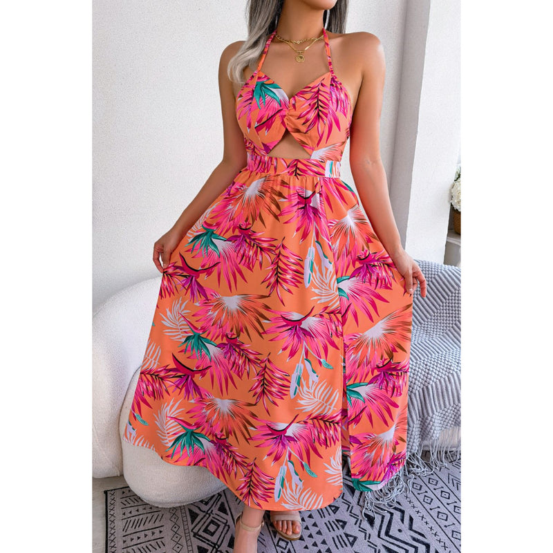 Botanical Print Tied Backless Cutout Slit Dress