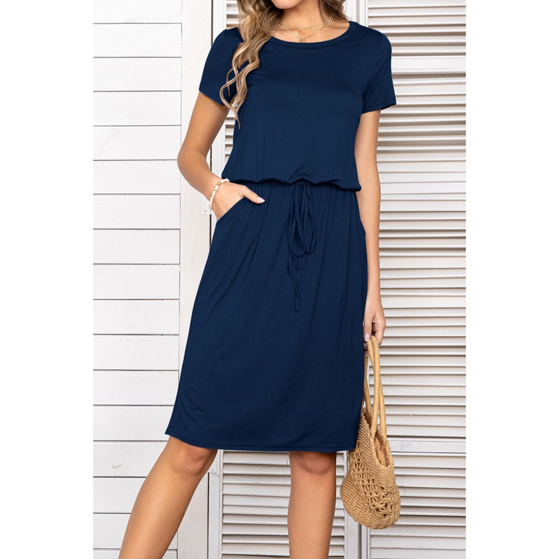 Round Neck Short Sleeve Slit Dress with Pockets