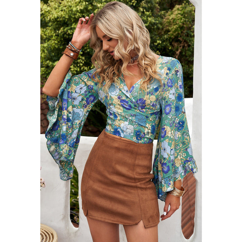 Floral Bell Sleeve Surplice Cropped Blouse