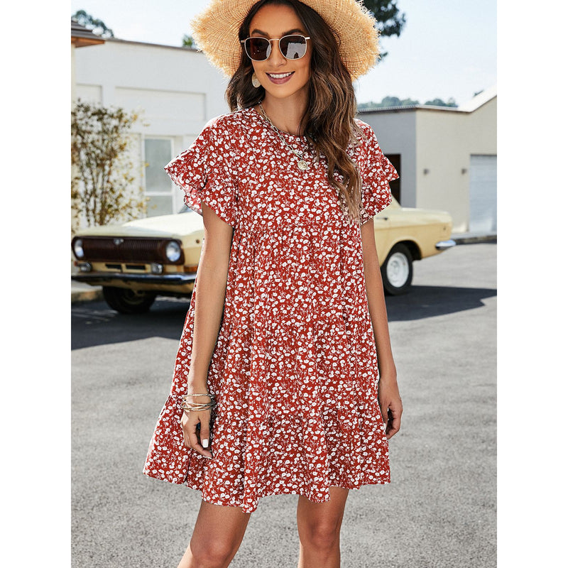 Leopard Short Flounce Sleeve Tiered Dress