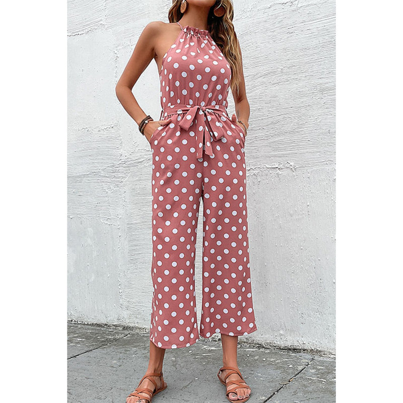 Polka Dot Grecian Wide Leg Jumpsuit