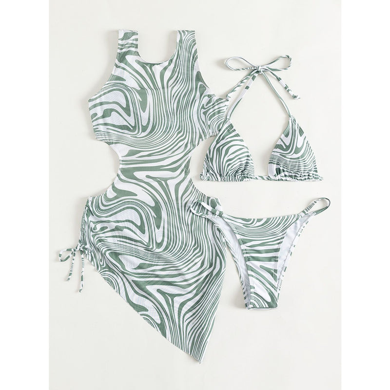 Abstract Print Tie Back Three-Piece Swim Set