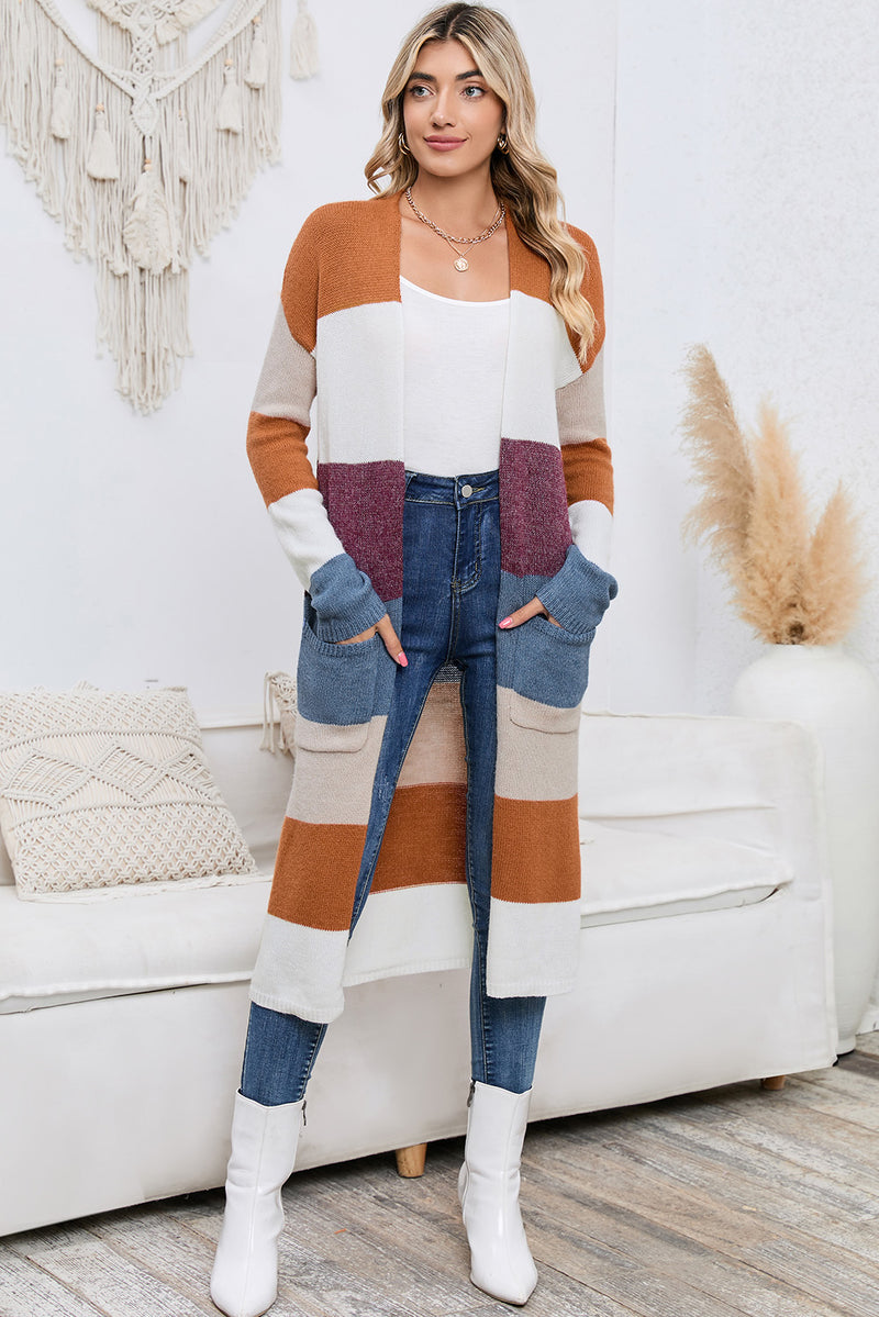 Long Color Block Open Front Pocketed Cardigan