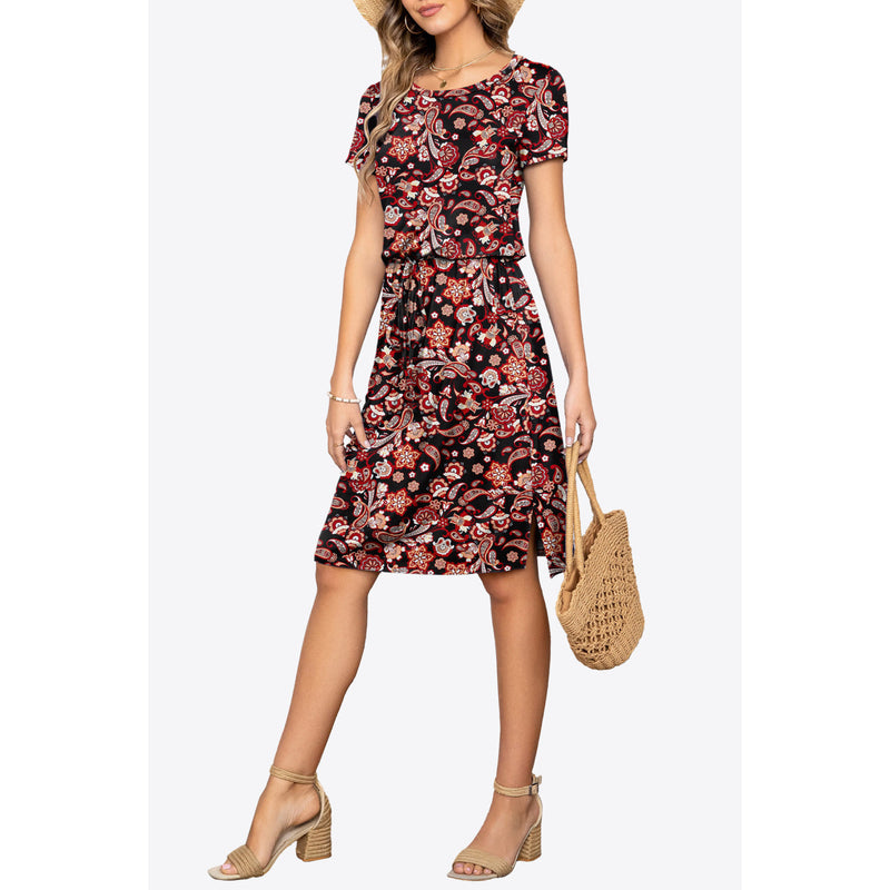 Round Neck Short Sleeve Slit Dress with Pockets
