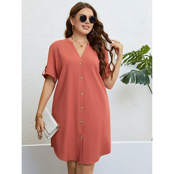 Plus Size Buttoned Notched Neck Shift Dress