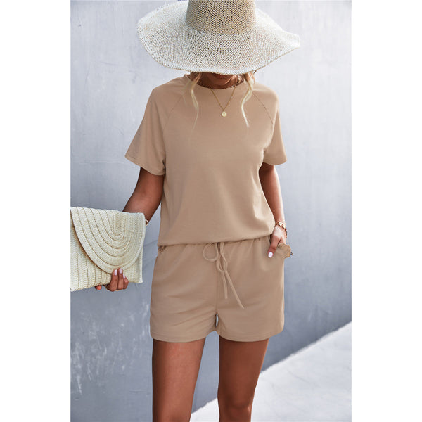 Raglan Sleeve Ruffle Hem Top and Shorts Set with Pockets