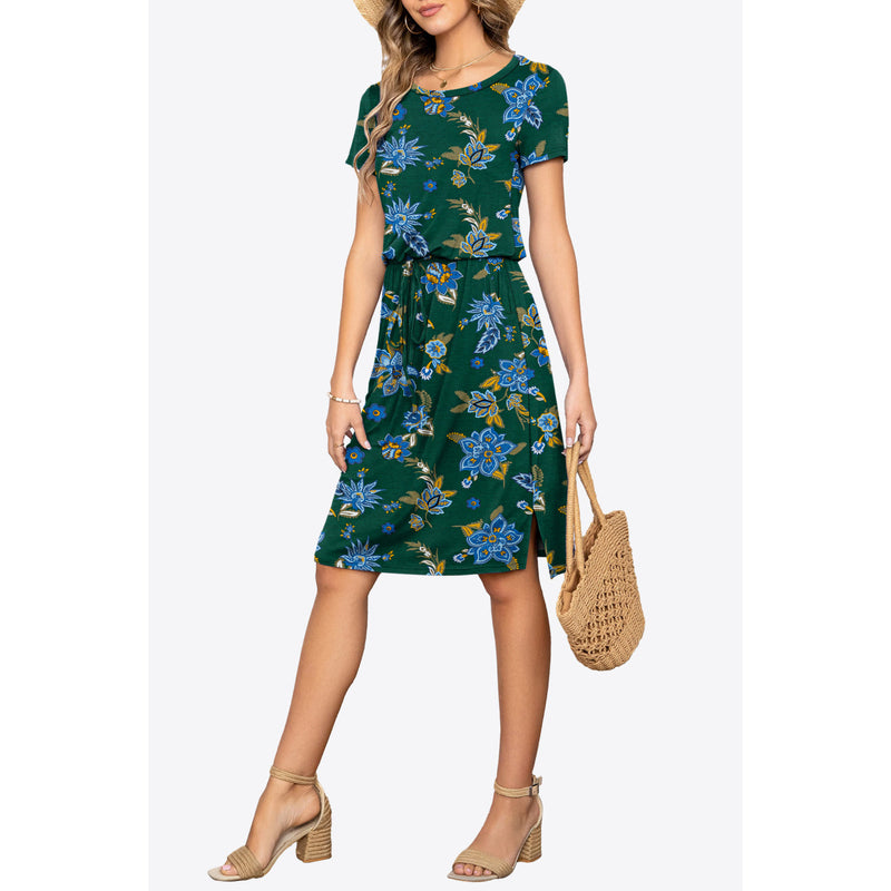 Round Neck Short Sleeve Slit Dress with Pockets