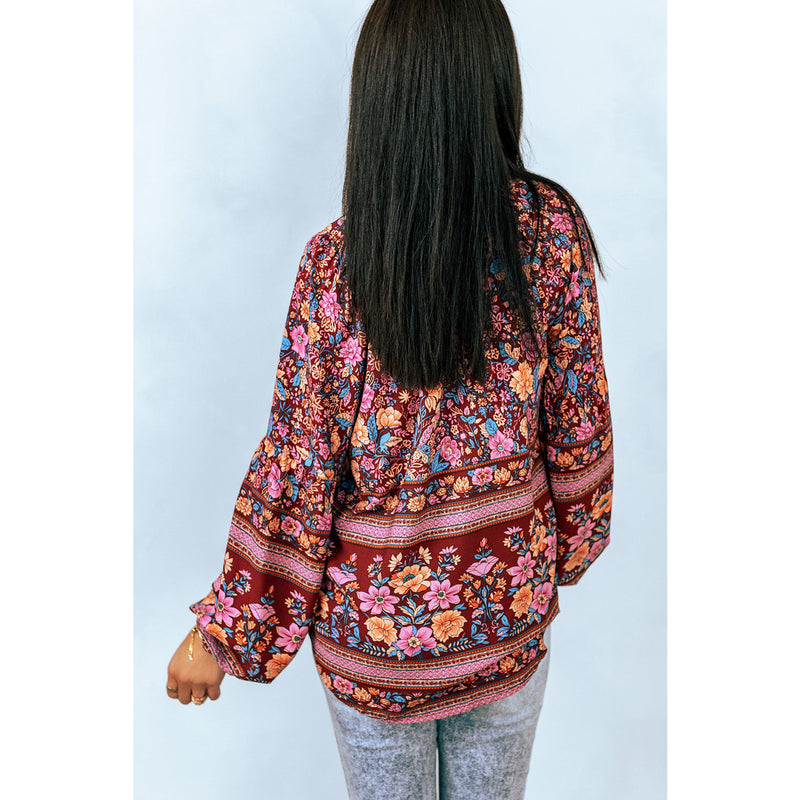 Bohemian Balloon Sleeve Notched Neck Blouse