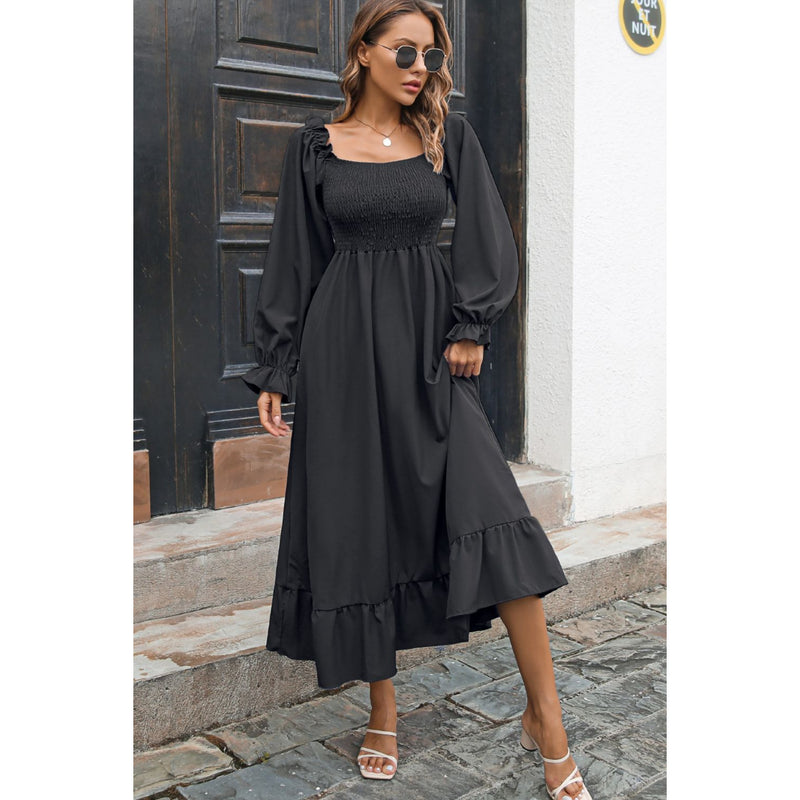 Smocked Ruffle Hem Flounce Sleeve Dress